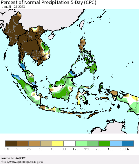 South East Asia Percent of Normal Precipitation 5-Day (CPC) Thematic Map For 1/21/2023 - 1/25/2023