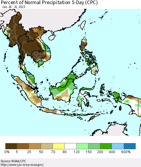 South East Asia Percent of Normal Precipitation 5-Day (CPC) Thematic Map For 1/26/2023 - 1/31/2023