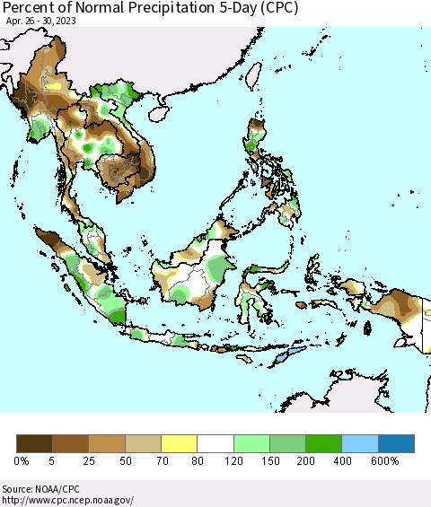 South East Asia Percent of Normal Precipitation 5-Day (CPC) Thematic Map For 4/26/2023 - 4/30/2023