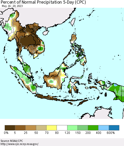 South East Asia Percent of Normal Precipitation 5-Day (CPC) Thematic Map For 5/16/2023 - 5/20/2023