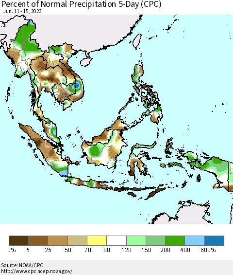 South East Asia Percent of Normal Precipitation 5-Day (CPC) Thematic Map For 6/11/2023 - 6/15/2023