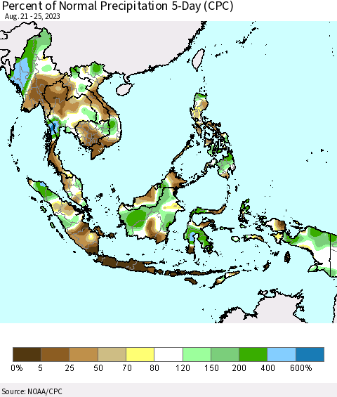 South East Asia Percent of Normal Precipitation 5-Day (CPC) Thematic Map For 8/21/2023 - 8/25/2023