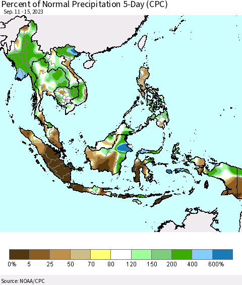 South East Asia Percent of Normal Precipitation 5-Day (CPC) Thematic Map For 9/11/2023 - 9/15/2023