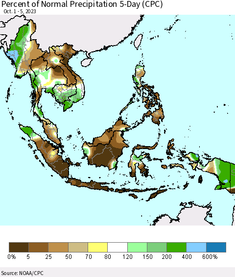 South East Asia Percent of Normal Precipitation 5-Day (CPC) Thematic Map For 10/1/2023 - 10/5/2023