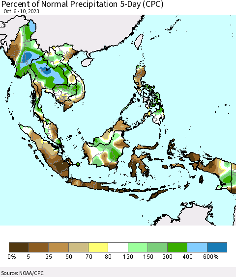South East Asia Percent of Normal Precipitation 5-Day (CPC) Thematic Map For 10/6/2023 - 10/10/2023