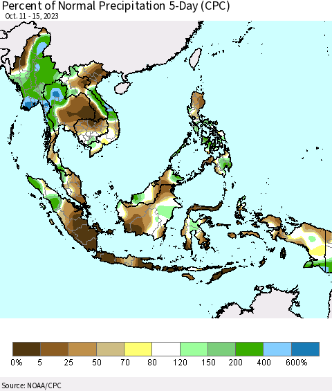 South East Asia Percent of Normal Precipitation 5-Day (CPC) Thematic Map For 10/11/2023 - 10/15/2023