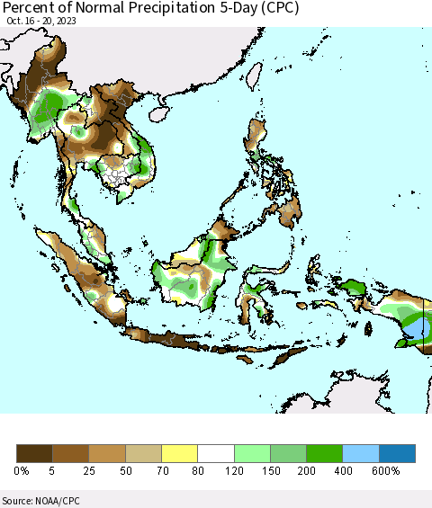South East Asia Percent of Normal Precipitation 5-Day (CPC) Thematic Map For 10/16/2023 - 10/20/2023