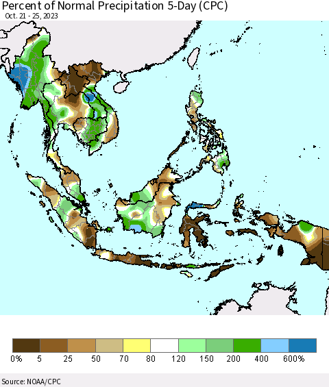 South East Asia Percent of Normal Precipitation 5-Day (CPC) Thematic Map For 10/21/2023 - 10/25/2023