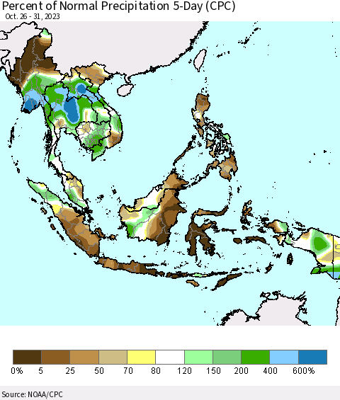 South East Asia Percent of Normal Precipitation 5-Day (CPC) Thematic Map For 10/26/2023 - 10/31/2023