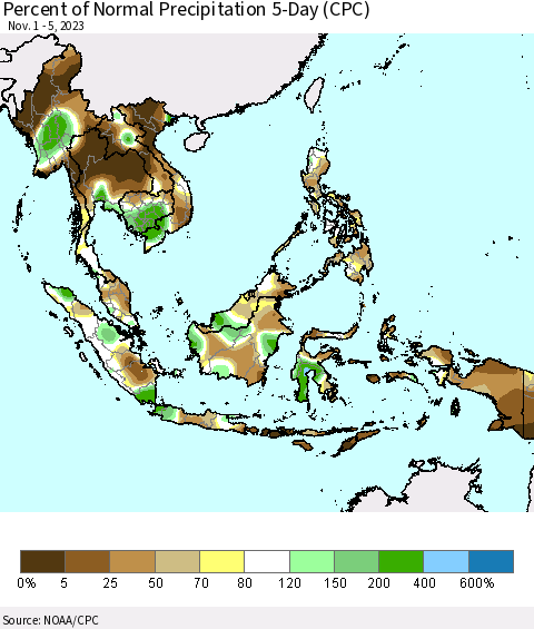 South East Asia Percent of Normal Precipitation 5-Day (CPC) Thematic Map For 11/1/2023 - 11/5/2023