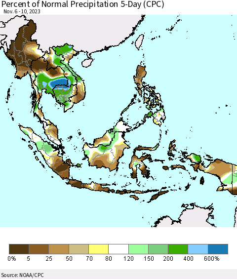 South East Asia Percent of Normal Precipitation 5-Day (CPC) Thematic Map For 11/6/2023 - 11/10/2023