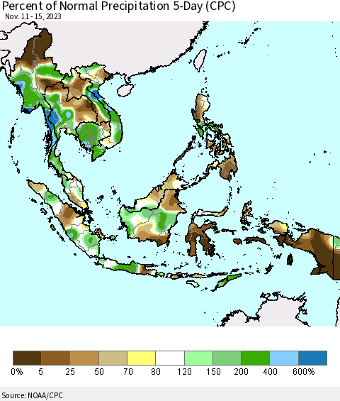 South East Asia Percent of Normal Precipitation 5-Day (CPC) Thematic Map For 11/11/2023 - 11/15/2023