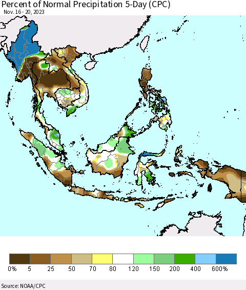South East Asia Percent of Normal Precipitation 5-Day (CPC) Thematic Map For 11/16/2023 - 11/20/2023