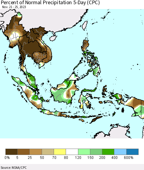 South East Asia Percent of Normal Precipitation 5-Day (CPC) Thematic Map For 11/21/2023 - 11/25/2023