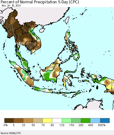South East Asia Percent of Normal Precipitation 5-Day (CPC) Thematic Map For 11/26/2023 - 11/30/2023
