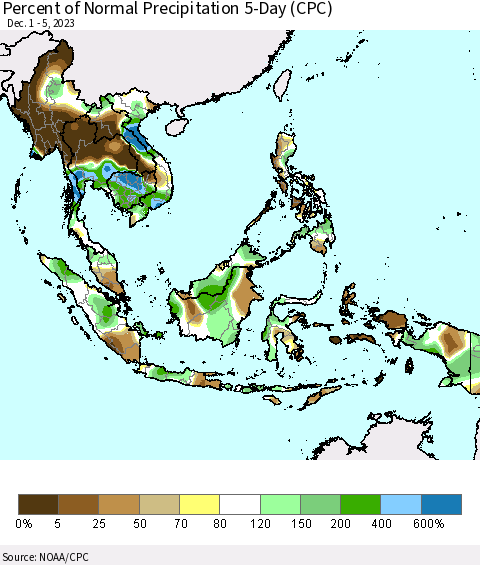 South East Asia Percent of Normal Precipitation 5-Day (CPC) Thematic Map For 12/1/2023 - 12/5/2023