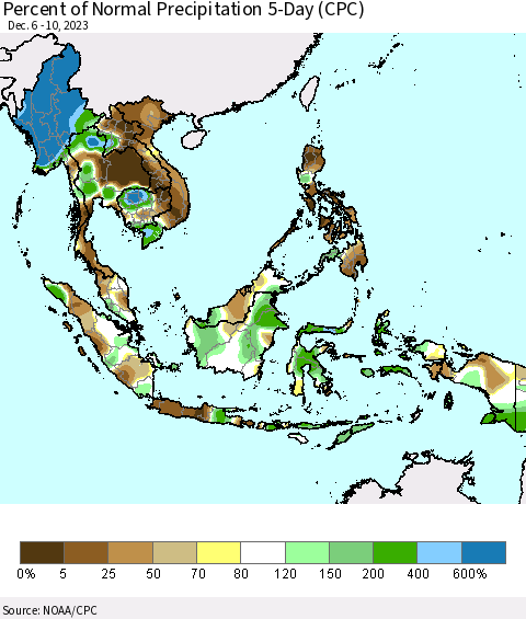 South East Asia Percent of Normal Precipitation 5-Day (CPC) Thematic Map For 12/6/2023 - 12/10/2023