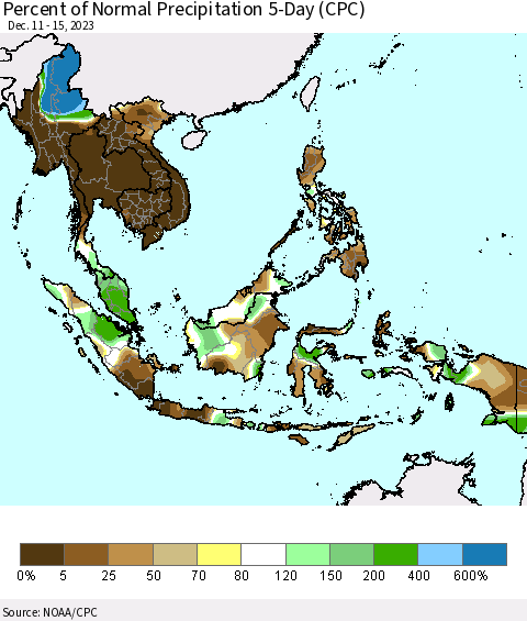 South East Asia Percent of Normal Precipitation 5-Day (CPC) Thematic Map For 12/11/2023 - 12/15/2023