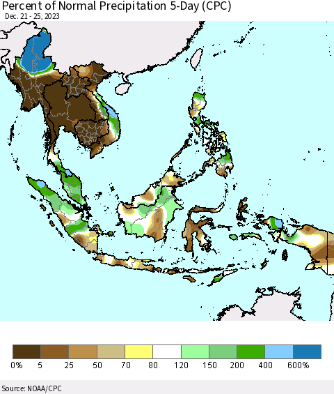 South East Asia Percent of Normal Precipitation 5-Day (CPC) Thematic Map For 12/21/2023 - 12/25/2023