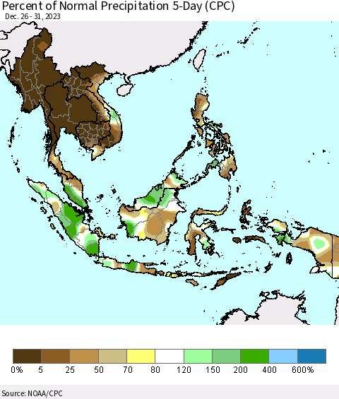 South East Asia Percent of Normal Precipitation 5-Day (CPC) Thematic Map For 12/26/2023 - 12/31/2023