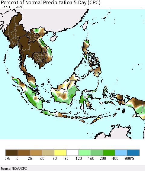 South East Asia Percent of Normal Precipitation 5-Day (CPC) Thematic Map For 1/1/2024 - 1/5/2024