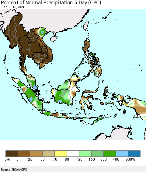 South East Asia Percent of Normal Precipitation 5-Day (CPC) Thematic Map For 1/6/2024 - 1/10/2024