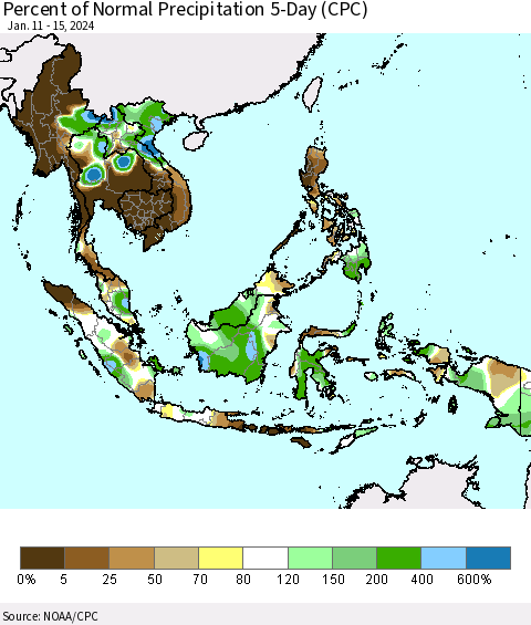 South East Asia Percent of Normal Precipitation 5-Day (CPC) Thematic Map For 1/11/2024 - 1/15/2024