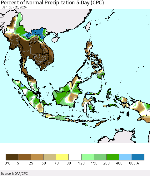 South East Asia Percent of Normal Precipitation 5-Day (CPC) Thematic Map For 1/16/2024 - 1/20/2024