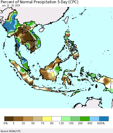 South East Asia Percent of Normal Precipitation 5-Day (CPC) Thematic Map For 1/21/2024 - 1/25/2024