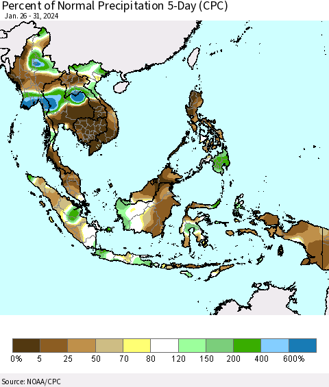 South East Asia Percent of Normal Precipitation 5-Day (CPC) Thematic Map For 1/26/2024 - 1/31/2024