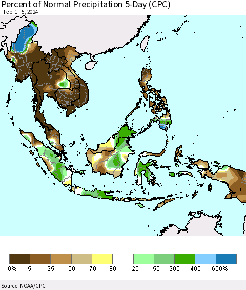 South East Asia Percent of Normal Precipitation 5-Day (CPC) Thematic Map For 2/1/2024 - 2/5/2024