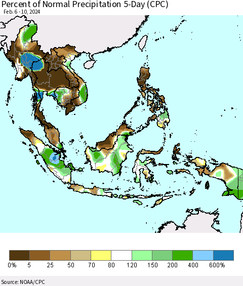 South East Asia Percent of Normal Precipitation 5-Day (CPC) Thematic Map For 2/6/2024 - 2/10/2024