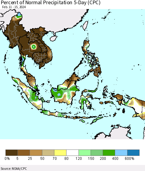 South East Asia Percent of Normal Precipitation 5-Day (CPC) Thematic Map For 2/11/2024 - 2/15/2024