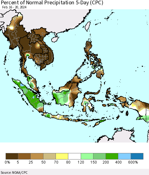South East Asia Percent of Normal Precipitation 5-Day (CPC) Thematic Map For 2/16/2024 - 2/20/2024