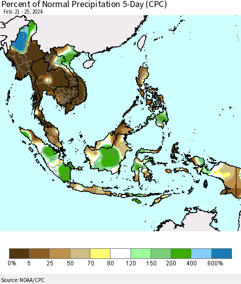 South East Asia Percent of Normal Precipitation 5-Day (CPC) Thematic Map For 2/21/2024 - 2/25/2024