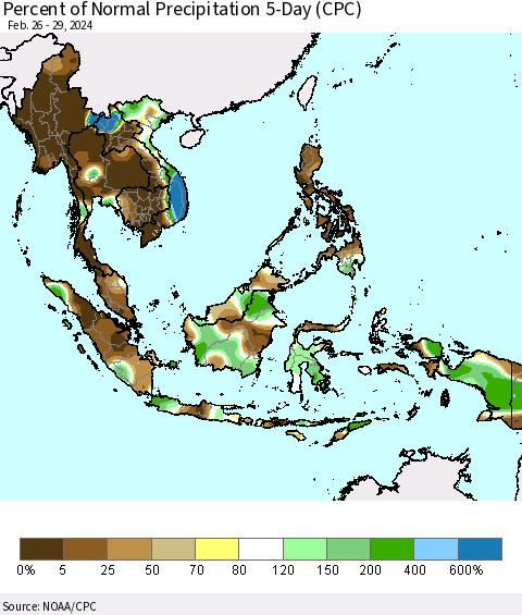 South East Asia Percent of Normal Precipitation 5-Day (CPC) Thematic Map For 2/26/2024 - 2/29/2024