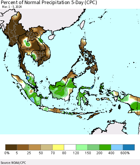 South East Asia Percent of Normal Precipitation 5-Day (CPC) Thematic Map For 3/1/2024 - 3/5/2024