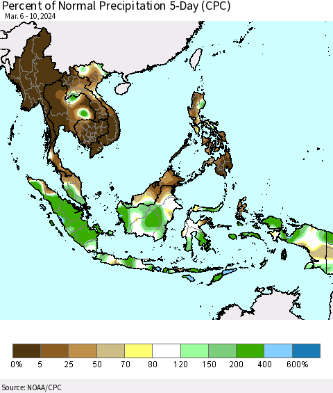 South East Asia Percent of Normal Precipitation 5-Day (CPC) Thematic Map For 3/6/2024 - 3/10/2024