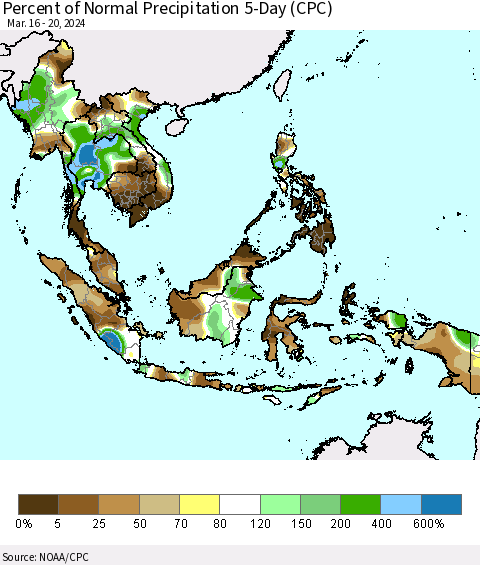 South East Asia Percent of Normal Precipitation 5-Day (CPC) Thematic Map For 3/16/2024 - 3/20/2024