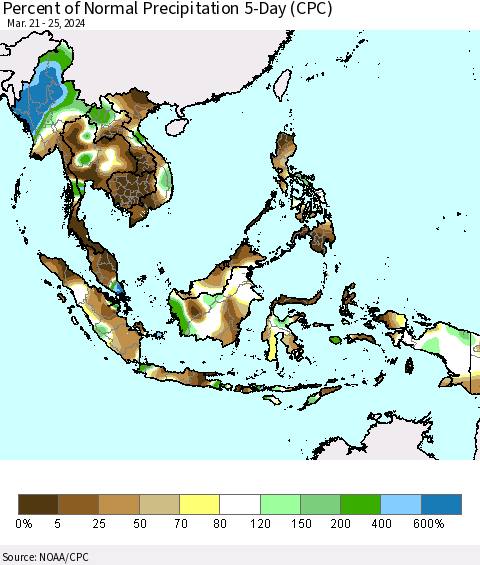 South East Asia Percent of Normal Precipitation 5-Day (CPC) Thematic Map For 3/21/2024 - 3/25/2024