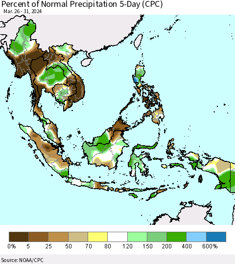 South East Asia Percent of Normal Precipitation 5-Day (CPC) Thematic Map For 3/26/2024 - 3/31/2024