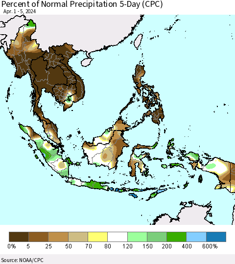 South East Asia Percent of Normal Precipitation 5-Day (CPC) Thematic Map For 4/1/2024 - 4/5/2024