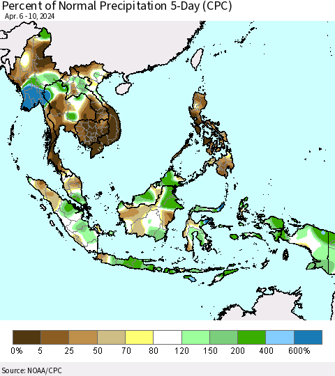 South East Asia Percent of Normal Precipitation 5-Day (CPC) Thematic Map For 4/6/2024 - 4/10/2024