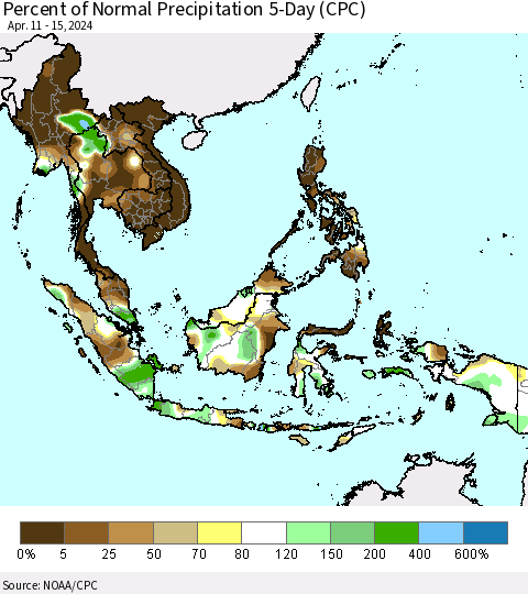 South East Asia Percent of Normal Precipitation 5-Day (CPC) Thematic Map For 4/11/2024 - 4/15/2024
