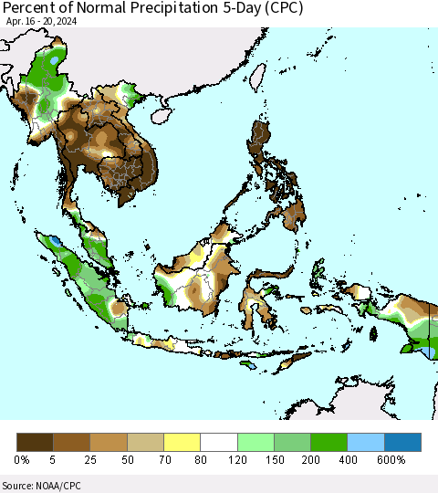 South East Asia Percent of Normal Precipitation 5-Day (CPC) Thematic Map For 4/16/2024 - 4/20/2024