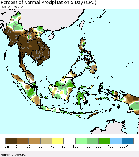 South East Asia Percent of Normal Precipitation 5-Day (CPC) Thematic Map For 4/21/2024 - 4/25/2024
