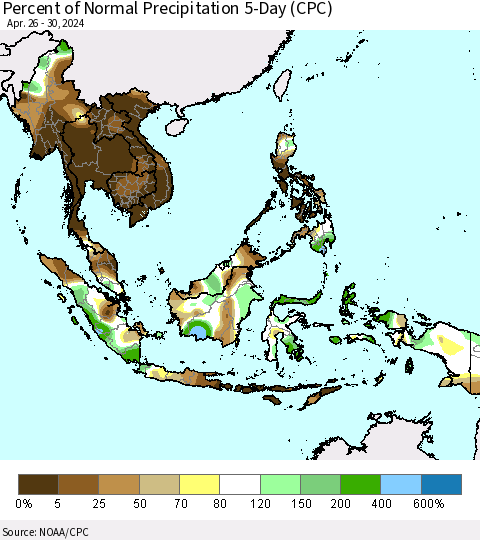 South East Asia Percent of Normal Precipitation 5-Day (CPC) Thematic Map For 4/26/2024 - 4/30/2024