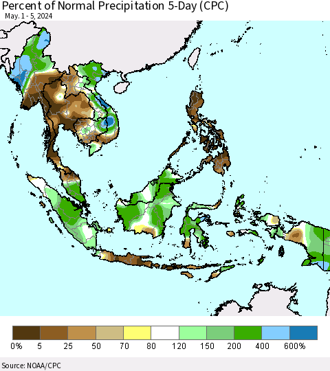 South East Asia Percent of Normal Precipitation 5-Day (CPC) Thematic Map For 5/1/2024 - 5/5/2024