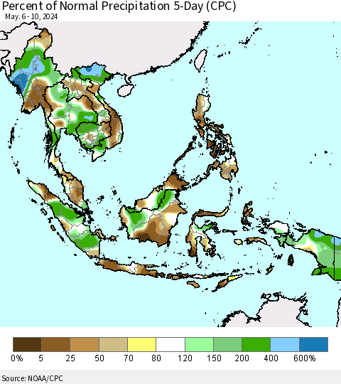 South East Asia Percent of Normal Precipitation 5-Day (CPC) Thematic Map For 5/6/2024 - 5/10/2024