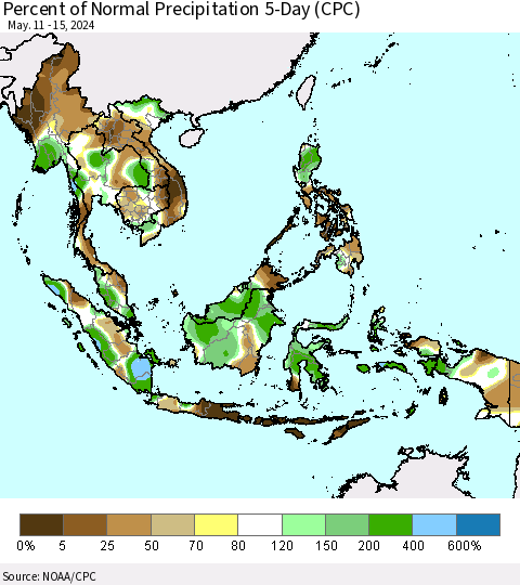 South East Asia Percent of Normal Precipitation 5-Day (CPC) Thematic Map For 5/11/2024 - 5/15/2024